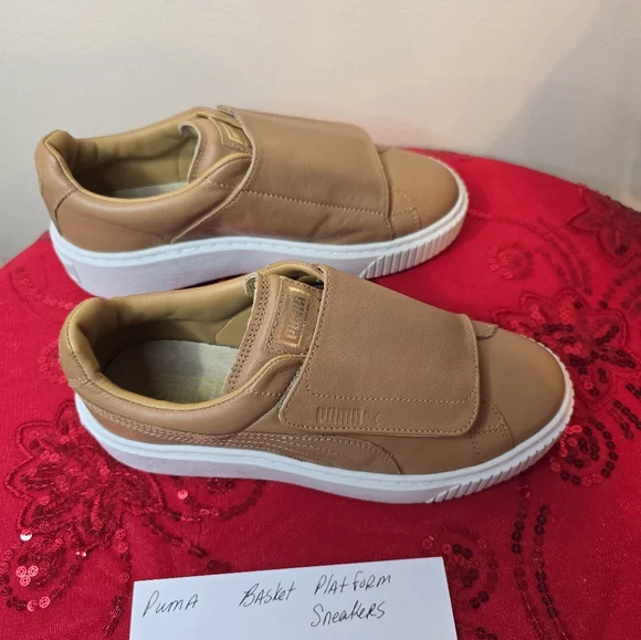 Puma Womens Basket Platform Strap Sneakers Shoes Slip On Tan Leather size 7 - Picture 1 of 3